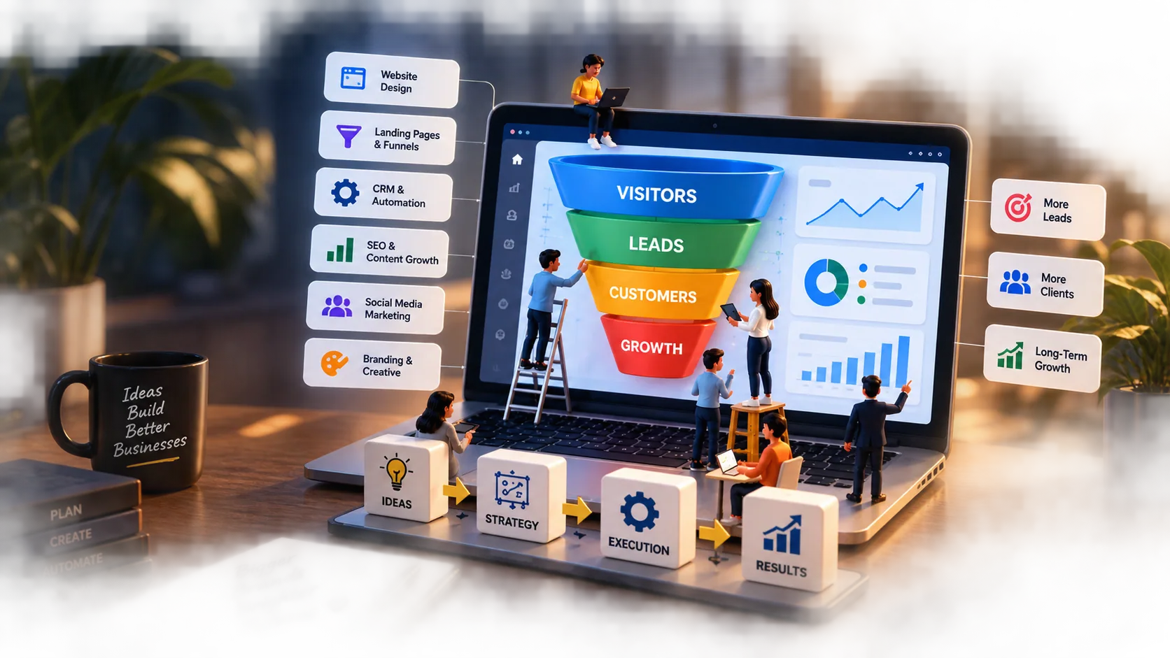 3D laptop with a visitors, leads, customers and growth funnel