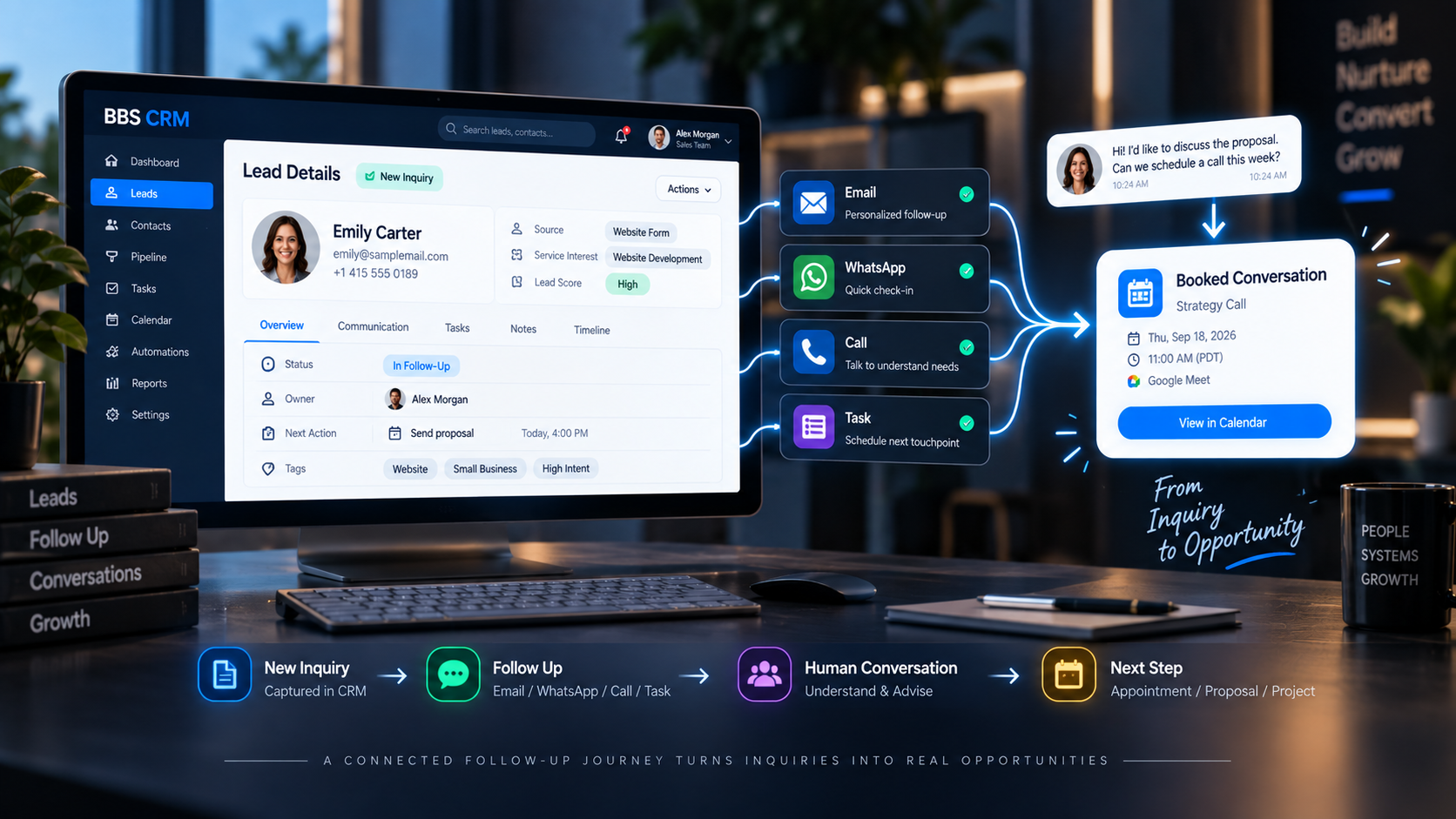 CRM follow-up journey coordinating email, WhatsApp, calls and tasks toward a customer response and booked next step