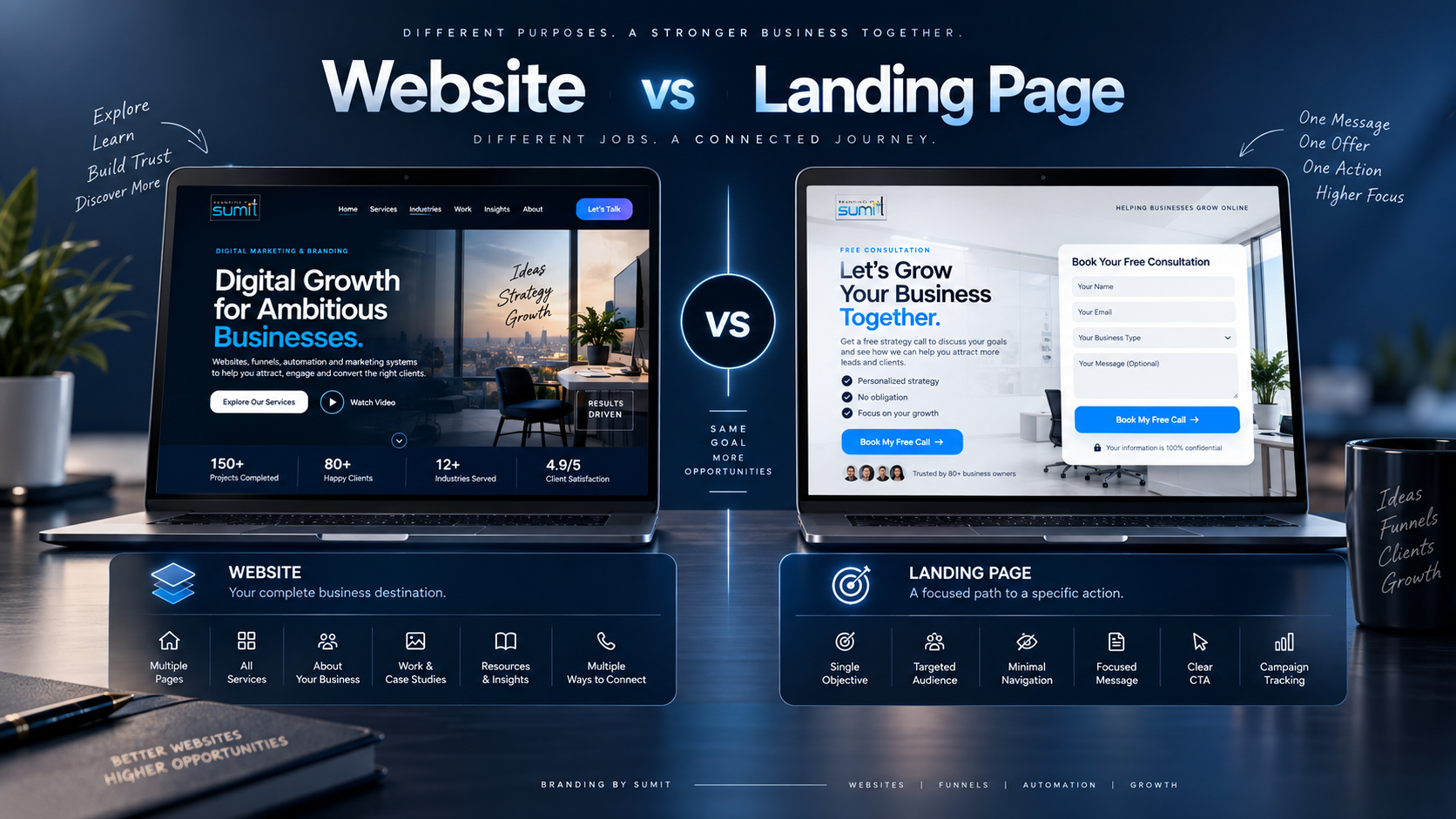 Website and landing page comparison showing a multi-page business website beside a focused lead generation landing page